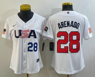 Women's USA Baseball #28 Nolan Arenado Number 2023 White World Classic Replica Stitched Jersey 05