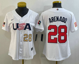 Women's USA Baseball #28 Nolan Arenado Number 2023 White World Classic Replica Stitched Jersey 06