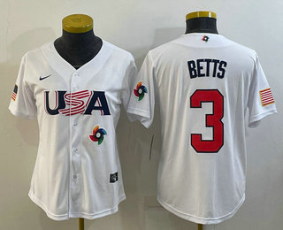 Women's USA Baseball #3 Mookie Betts 2023 White World Classic Replica Stitched Jersey 03