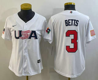 Women's USA Baseball #3 Mookie Betts 2023 White World Classic Replica Stitched Jersey 04