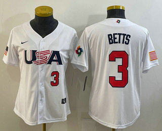 Women's USA Baseball #3 Mookie Betts Number 2023 White World Classic Replica Stitched Jersey 01