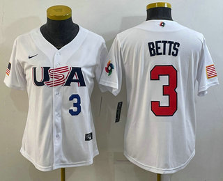 Women's USA Baseball #3 Mookie Betts Number 2023 White World Classic Replica Stitched Jersey 03