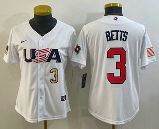 Women's USA Baseball #3 Mookie Betts Number 2023 White World Classic Replica Stitched Jersey 05