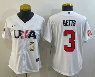 Women's USA Baseball #3 Mookie Betts Number 2023 White World Classic Replica Stitched Jersey 06