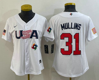 Women's USA Baseball #31 Cedric Mullins 2023 White World Classic Stitched Jersey 01
