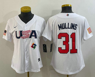 Women's USA Baseball #31 Cedric Mullins 2023 White World Classic Stitched Jersey 03