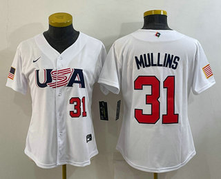 Women's USA Baseball #31 Cedric Mullins Number 2023 White World Classic Stitched Jersey 03