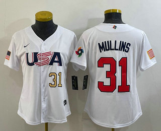 Women's USA Baseball #31 Cedric Mullins Number 2023 White World Classic Stitched Jersey 06