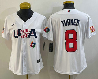 Women's USA Baseball #8 Trea Turner 2023 White World Classic Stitched Jersey 01