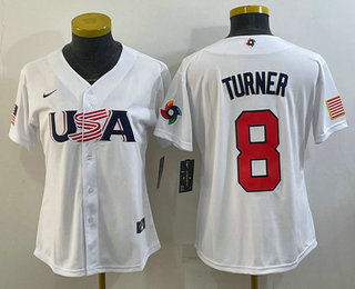 Women's USA Baseball #8 Trea Turner 2023 White World Classic Stitched Jersey 03