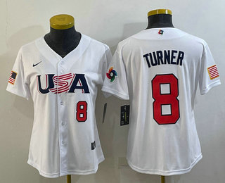 Women's USA Baseball #8 Trea Turner Number 2023 White World Classic Stitched Jersey 04