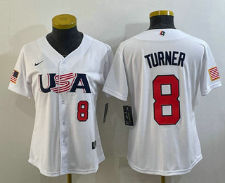 Women's USA Baseball #8 Trea Turner Number 2023 White World Classic Stitched Jersey 05