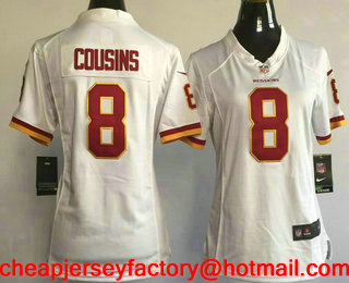Women's Washington Redskins #8 Kirk Cousins White Road Stitched NFL Nike Game Jersey
