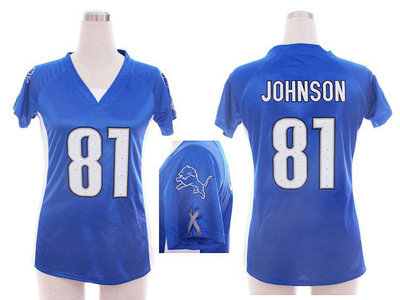 Nike Detroit Lions 81 Calvin Johnson Blue Womens Draft Him II Top Jerseys