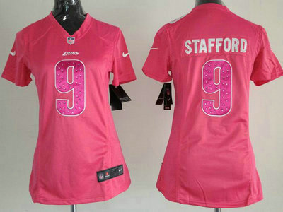 Nike Detroit Lions 9 Matthew Stafford Pink Sweetheart Diamond Womens Jersey