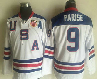 Youth 2010 Olympics USA #9 Zach Parise Nike White Throwback Stitched Vintage Hockey Jersey