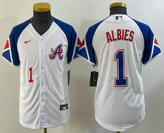 Youth Atlanta Braves #1 Ozzie Albies Number White 2023 City Connect Cool Base Stitched Jersey 01