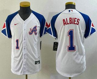 Youth Atlanta Braves #1 Ozzie Albies Number White 2023 City Connect Cool Base Stitched Jersey 02