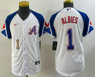 Youth Atlanta Braves #1 Ozzie Albies Number White 2023 City Connect Cool Base Stitched Jersey 03