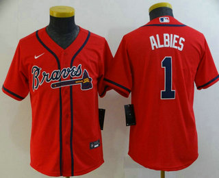 Youth Atlanta Braves #1 Ozzie Albies Red Stitched MLB Cool Base Nike Jersey
