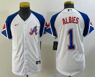 Youth Atlanta Braves #1 Ozzie Albies White 2023 City Connect Cool Base Stitched Jersey 01