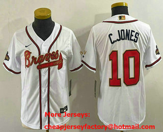 Youth Atlanta Braves #10 Chipper Jones 2022 White Gold World Series Champions Cool Base Stitched Jersey