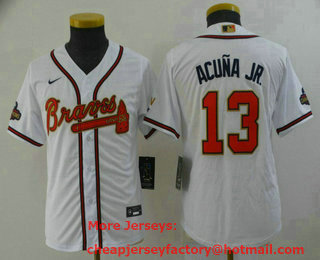 Youth Atlanta Braves #13 Ronald Acuna Jr 2022 White Gold World Series Champions Program Cool Base Stitched Baseball Jersey