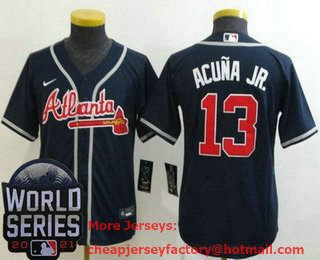Youth Atlanta Braves #13 Ronald Acuna Jr Navy 2021 World Series Stitched Cool Base Nike Jersey