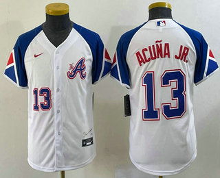 Youth Atlanta Braves #13 Ronald Acuna Jr Number White 2023 City Connect Cool Base Stitched Jersey 01