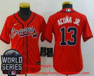 Youth Atlanta Braves #13 Ronald Acuna Jr Red 2021 World Series Stitched Cool Base Nike Jersey