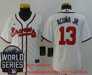Youth Atlanta Braves #13 Ronald Acuna Jr White 2021 World Series Stitched Cool Base Nike Jersey