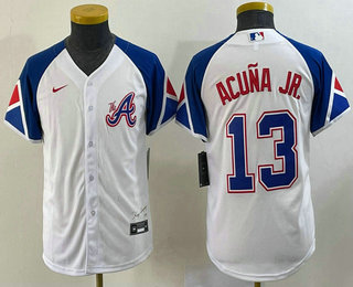 Youth Atlanta Braves #13 Ronald Acuna Jr White 2023 City Connect Cool Base Stitched Jersey 01