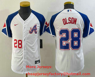 Youth Atlanta Braves #28 Matt Olson Number White 2023 City Connect Cool Base Stitched Jersey 01