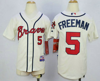 Youth Atlanta Braves #5 Freddie Freeman Cream Cool Base Baseball Jersey