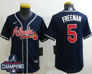 Youth Atlanta Braves #5 Freddie Freeman Navy 2021 World Series Champions Cool Base Jersey