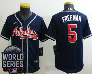 Youth Atlanta Braves #5 Freddie Freeman Navy 2021 World Series Cool Base Jersey
