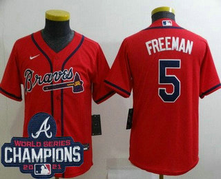 Youth Atlanta Braves #5 Freddie Freeman Red 2021 World Series Champions Cool Base Jersey