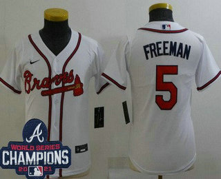 Youth Atlanta Braves #5 Freddie Freeman White 2021 World Series Champions Cool Base Jersey