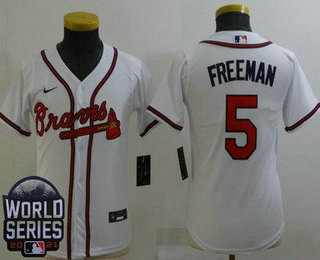 Youth Atlanta Braves #5 Freddie Freeman White 2021 World Series Cool Base Jersey