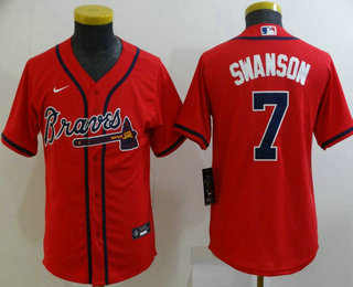 Youth Atlanta Braves #7 Dansby Swanson Red Stitched MLB Cool Base Nike Jersey