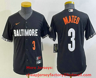 Youth Baltimore Orioles #3 Jorge Mateo Number Black 2023 City Connect Cool Base Stitched Jersey 02