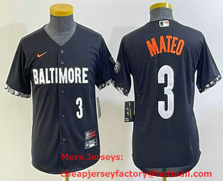 Youth Baltimore Orioles #3 Jorge Mateo Number Black 2023 City Connect Cool Base Stitched Jersey 03