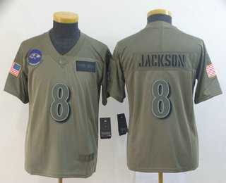 Youth Baltimore Ravens #8 Lamar Jackson NEW Olive 2019 Salute To Service Stitched NFL Nike Limited Jersey
