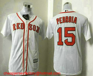 Youth Boston Red Sox #15 Dustin Pedroia Name White Home Stitched MLB Cool Base Jersey