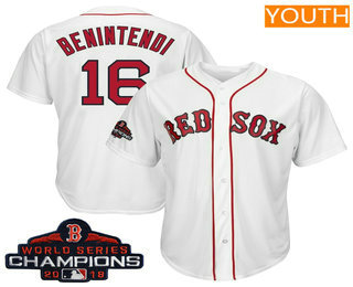 Youth Boston Red Sox #16 Andrew Benintendi White 2018 MLB World Series Champions Patch Home Stitched MLB Cool Base Jersey