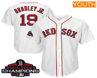 Youth Boston Red Sox #19 Jackie Bradley Jr. White 2018 MLB World Series Champions Patch Home Stitched MLB Cool Base Jersey