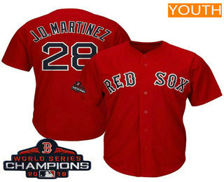 Youth Boston Red Sox #28 J.D. Martinez Red 2018 MLB World Series Champions Patch Alternate Stitched MLB Cool Base Jersey