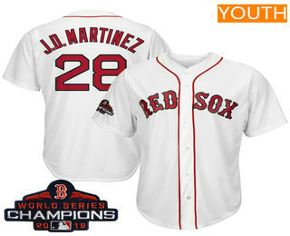 Youth Boston Red Sox #28 J.D. Martinez White 2018 MLB World Series Champions Patch Home Stitched MLB Cool Base Jersey