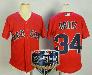 Youth Boston Red Sox #34 David Ortiz Name Red 2018 World Series Patch Stitched MLB Cool Base Jersey