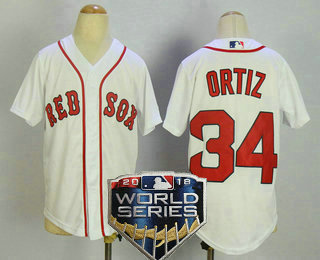 Youth Boston Red Sox #34 David Ortiz Name White Home 2018 World Series Patch Stitched MLB Cool Base Jersey